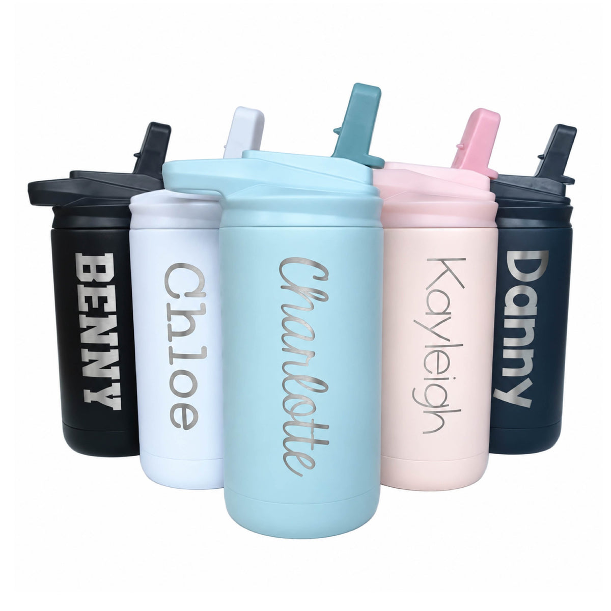 Five personalized 12 oz kids’ water bottles in Black, White, SeaGlass, Blush, and Midnight Navy.