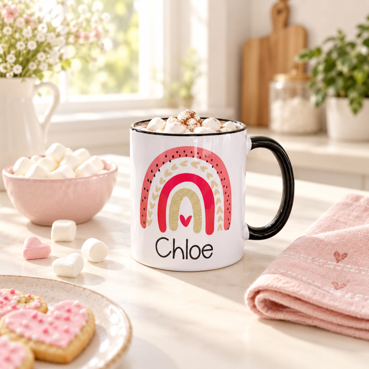Personalized Rainbow mug with the name Chloe in a bright hot-cocoa setting.
