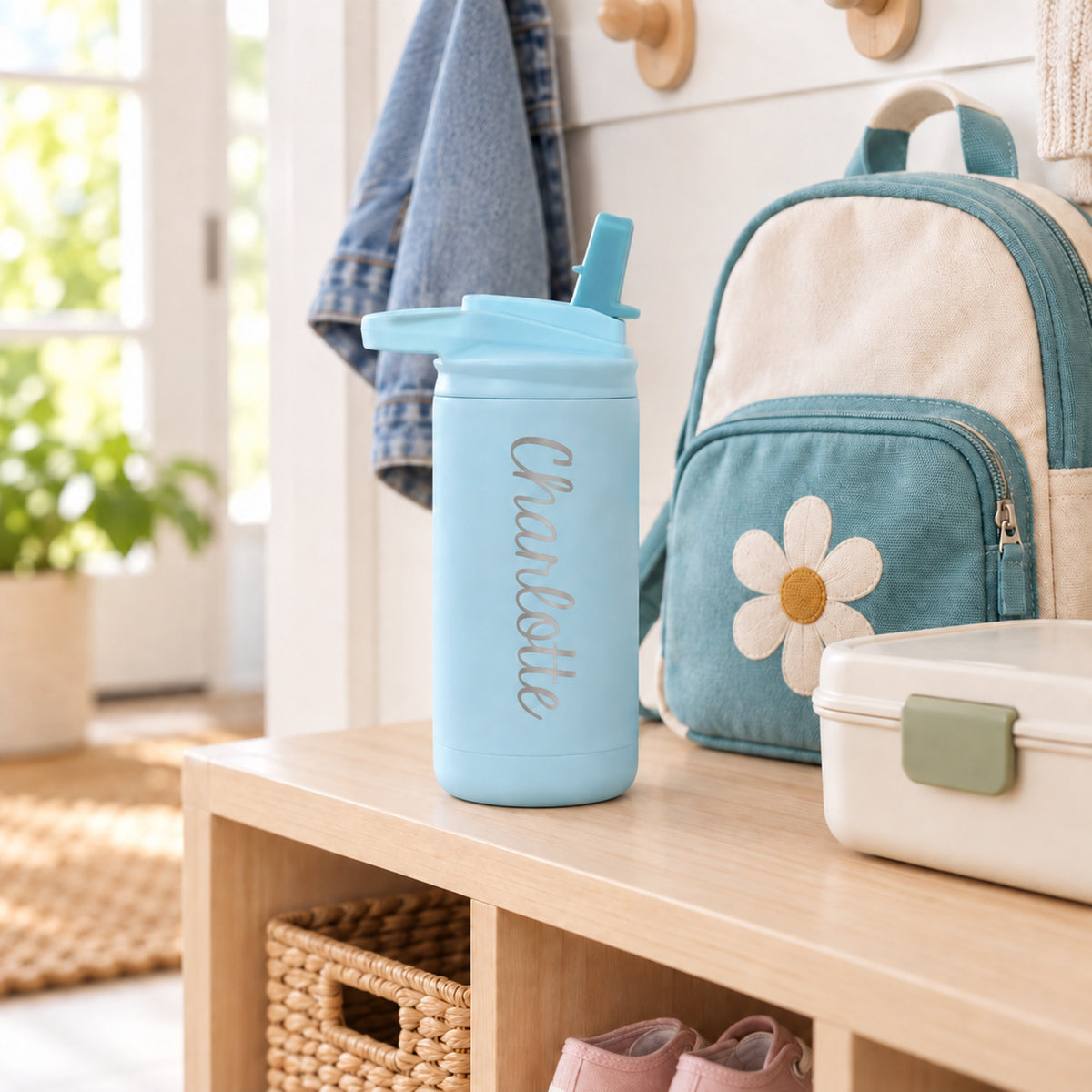 SeaGlass kids’ water bottle engraved with Charlotte beside a backpack and lunchbox.