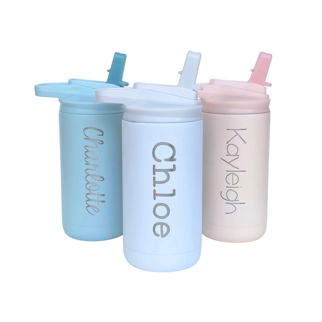 SeaGlass, White, and Blush kids’ water bottles personalized with vertical engraved names.
