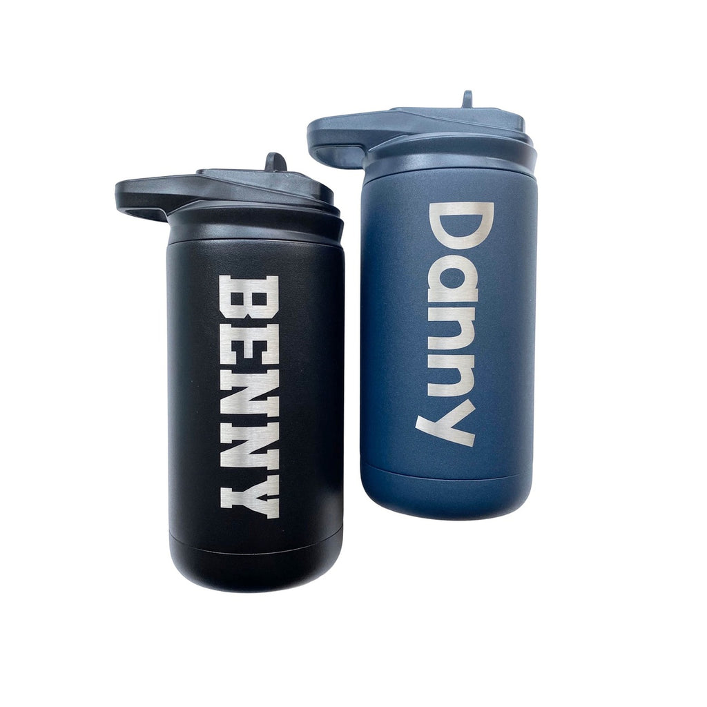 Black and Midnight Navy kids’ water bottles engraved with the names Benny and Danny.