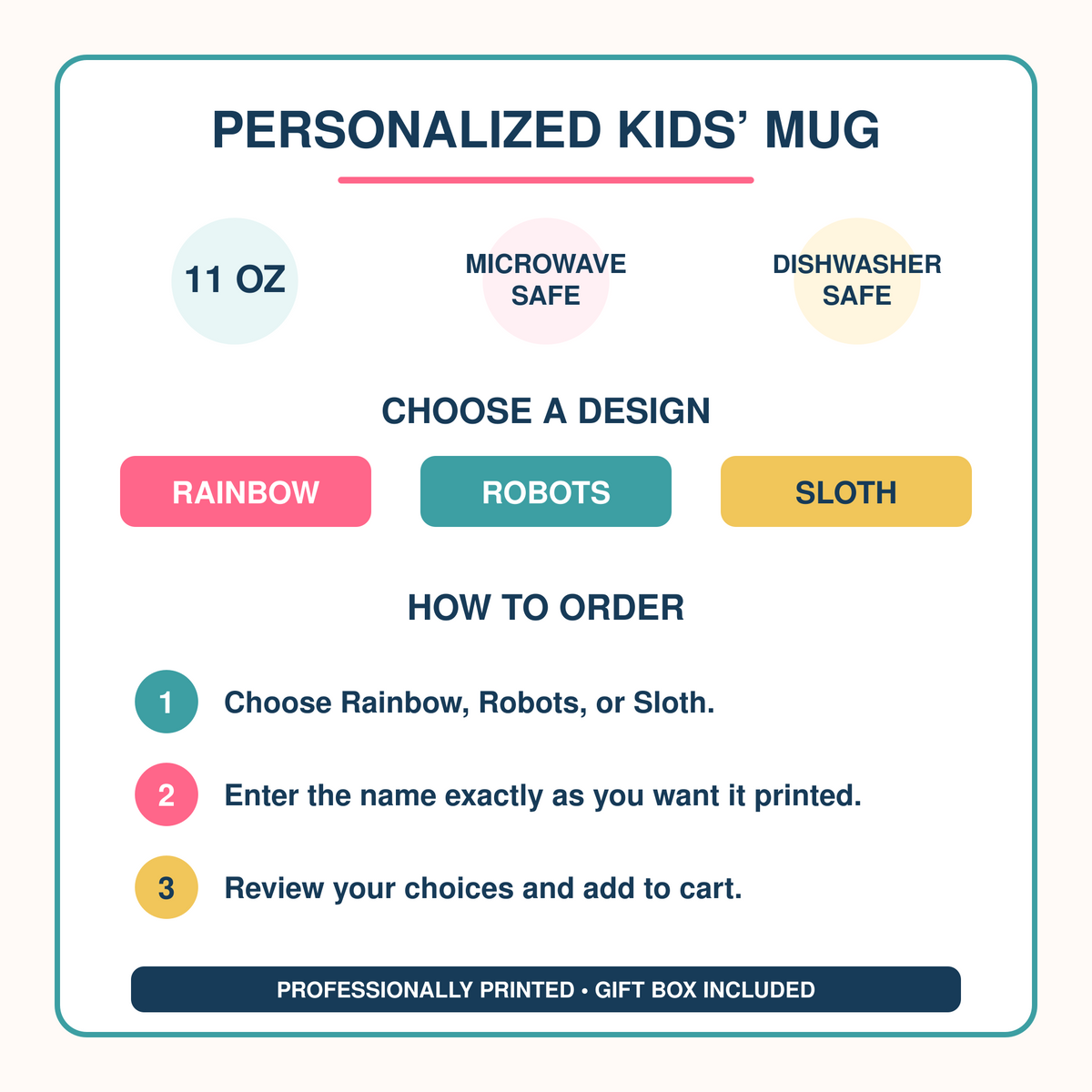 Personalized kids’ mug details, available designs, and ordering instructions.