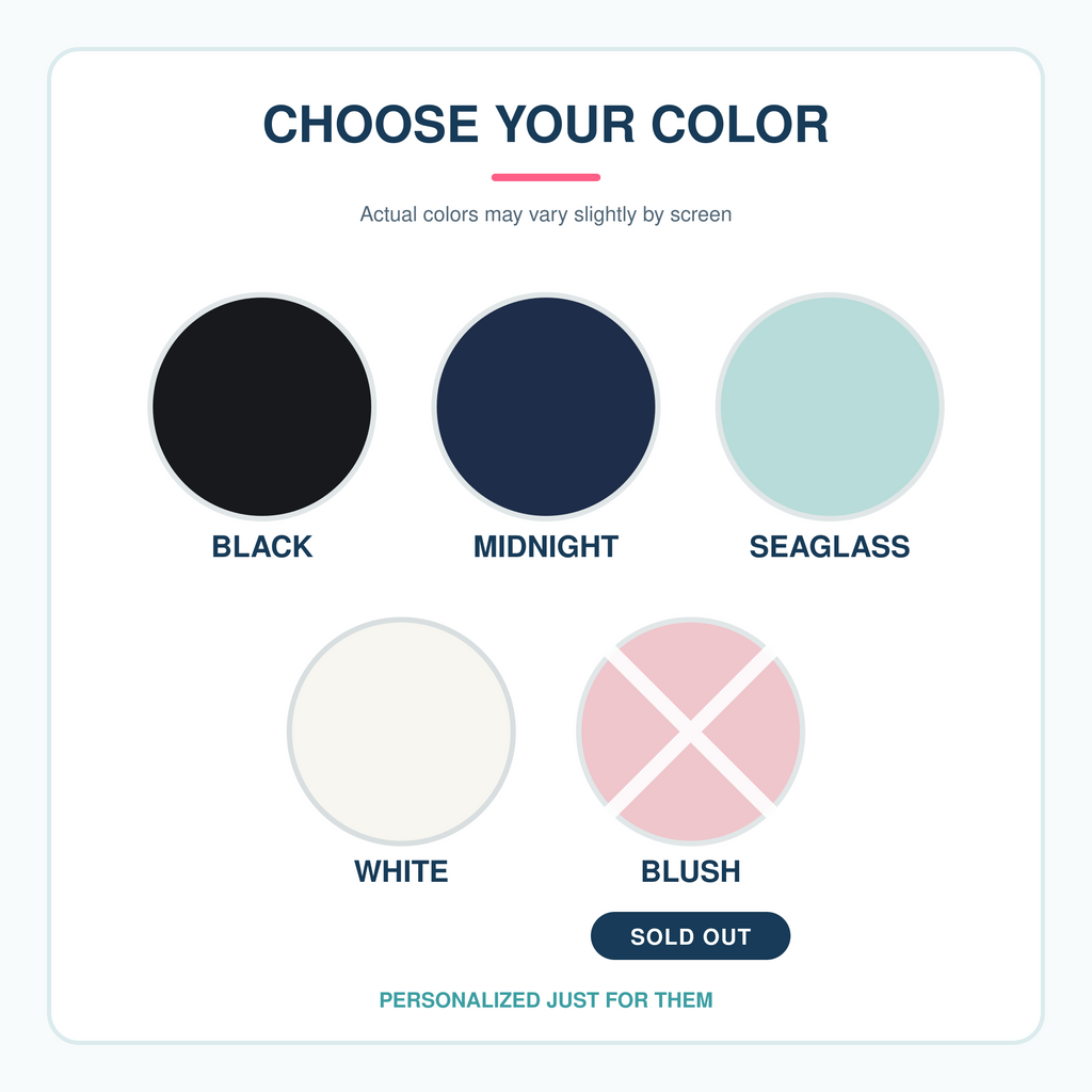 Kids’ water bottle color guide showing Black, Midnight, SeaGlass, White, and sold-out Blush.
