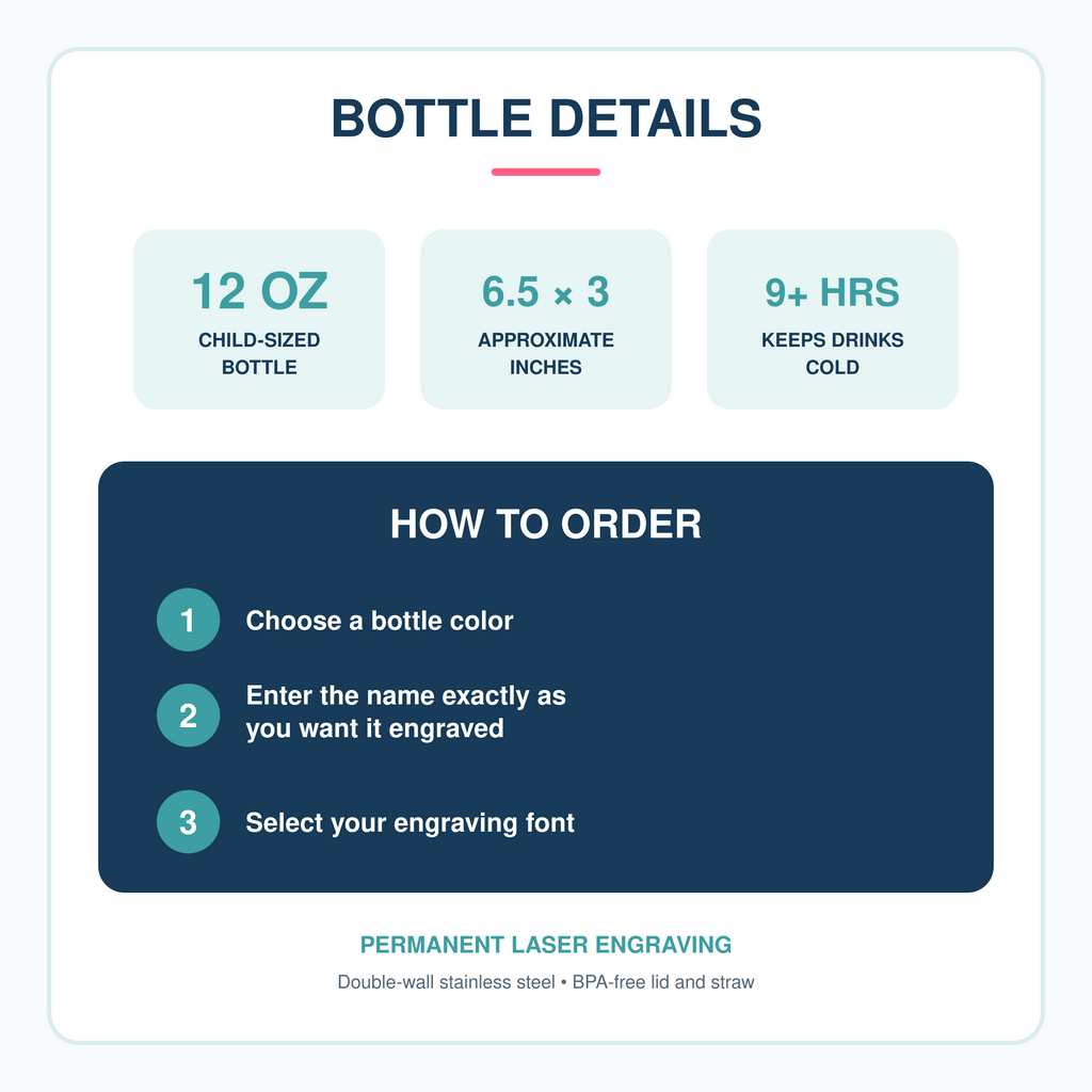 Personalized kids’ bottle details and ordering instructions for color, name, and engraving font.