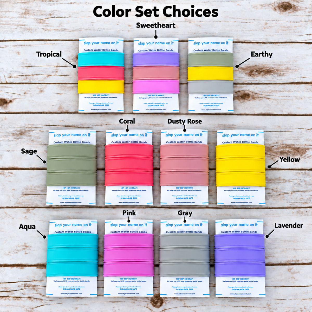 Bottle band color choices: Sage, Aqua, Coral, Pink, Dusty Rose, Gray, Yellow, and Lavender, plus Tropical, Sweetheart, and Earthy mixed-color three-packs.