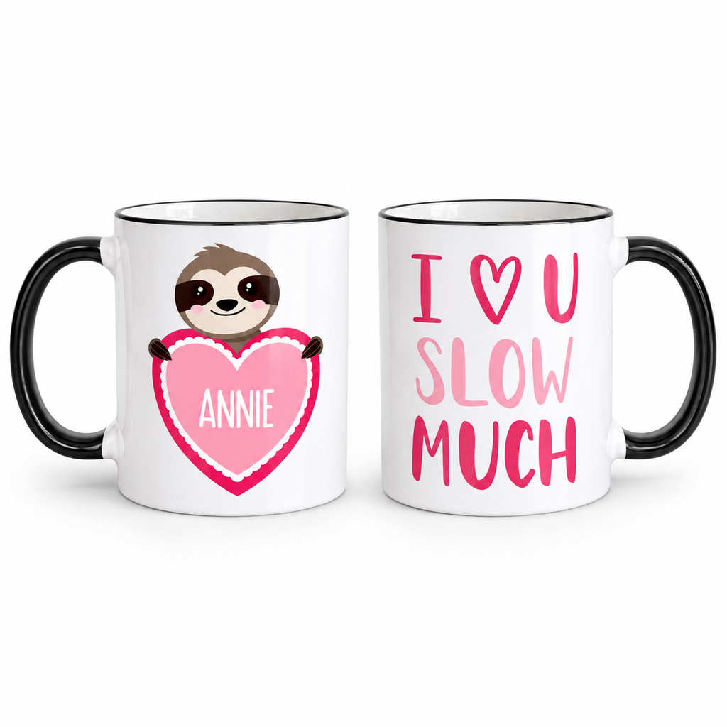 Front and reverse views of the personalized Sloth mug with the name Annie.