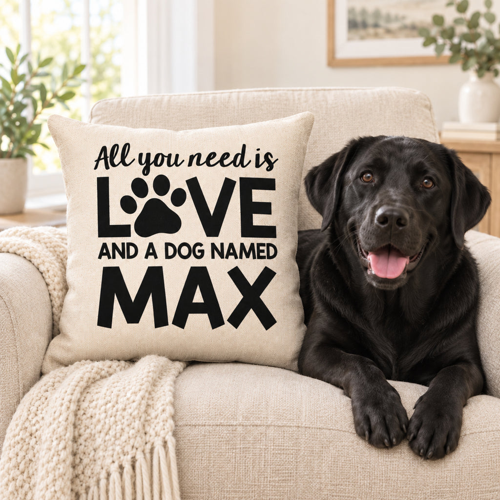 Personalized Max pillow displayed with a black Labrador