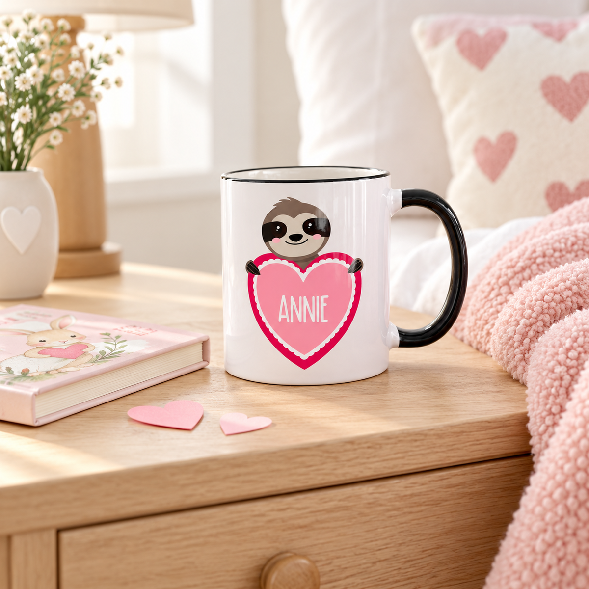 Personalized Sloth mug with the name Annie displayed in a bright children’s bedroom.