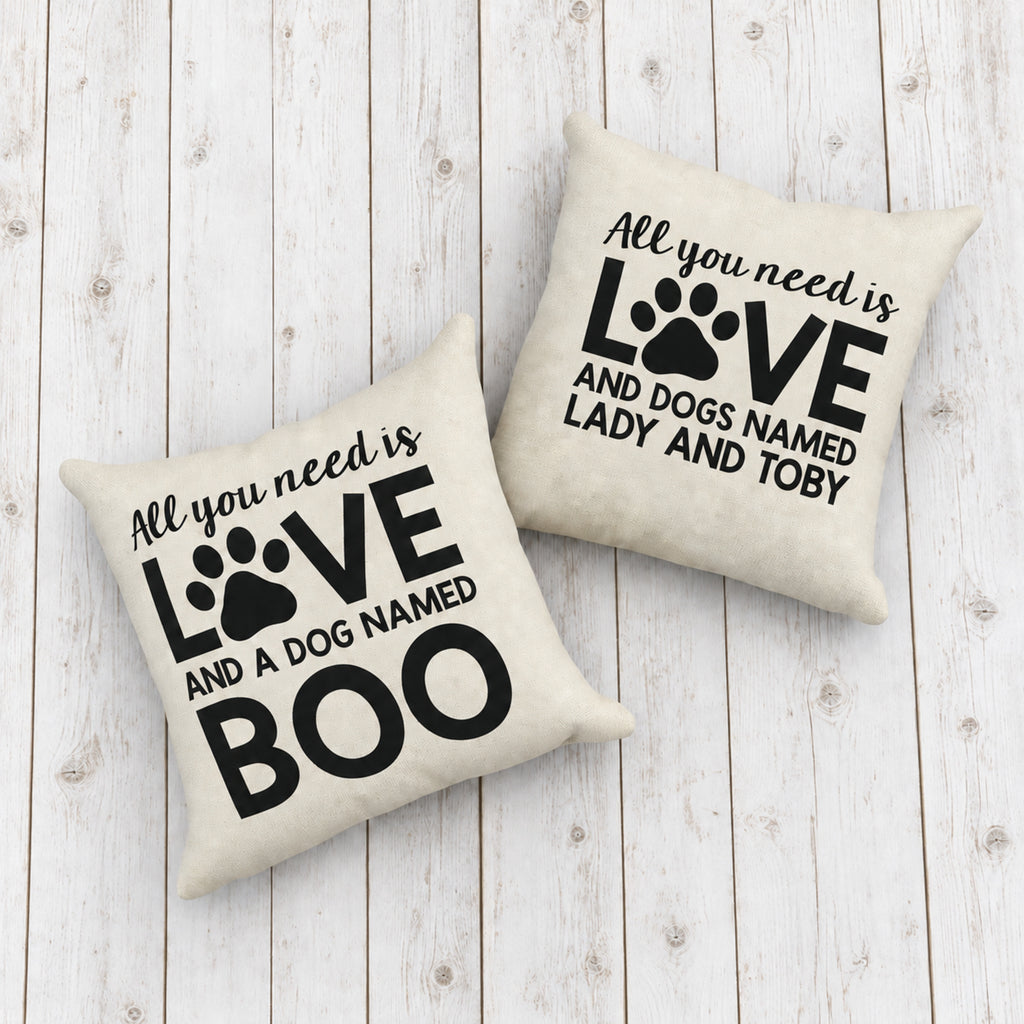 Personalized dog pillows featuring one or multiple dog names