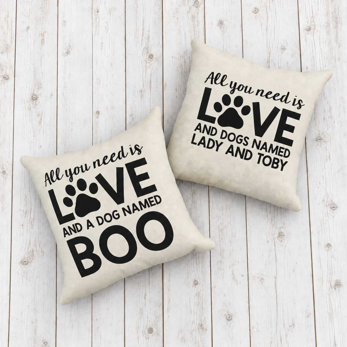Personalized dog pillows featuring one or multiple dog names