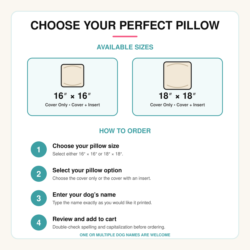 Dog-name pillow size and ordering instructions