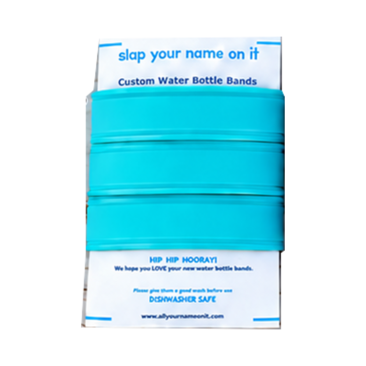 Three blank aqua silicone water bottle bands on a product card, showing the Aqua single-color set.