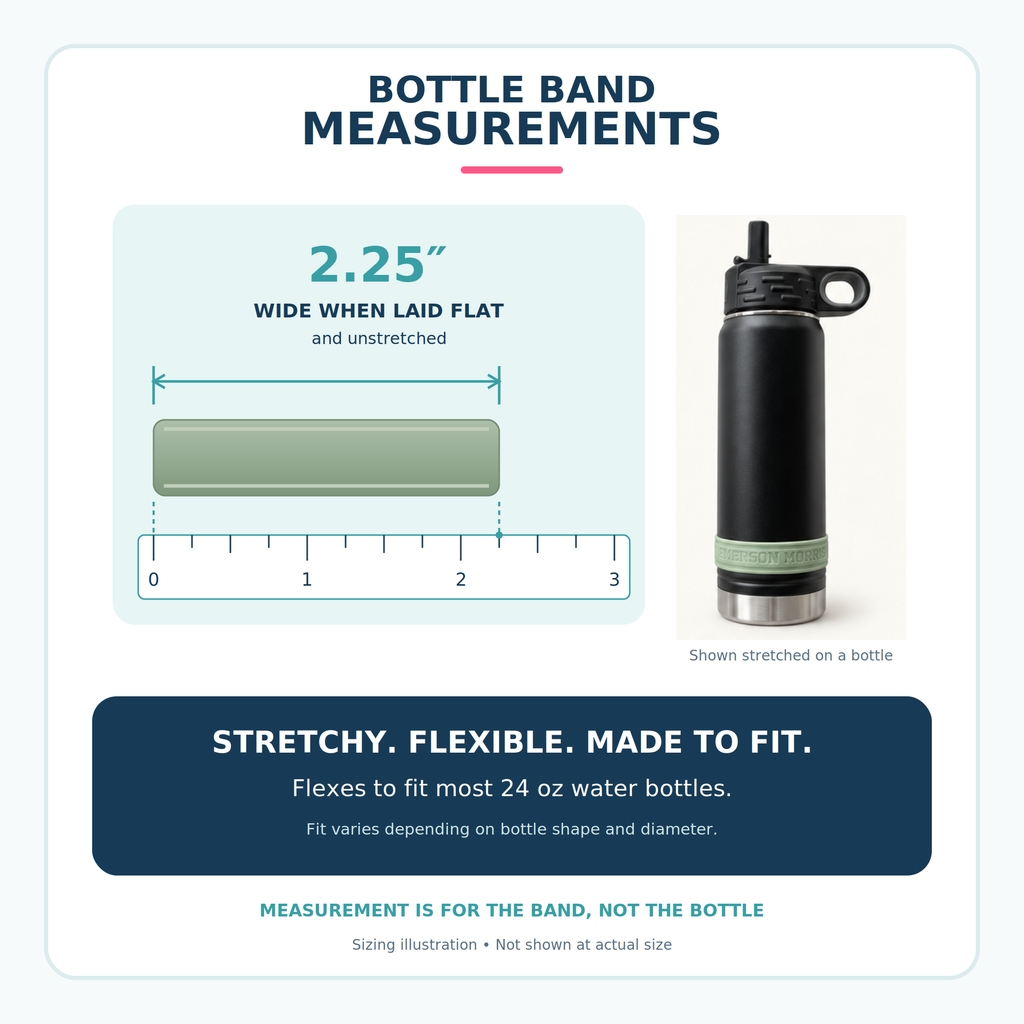 Each set includes three dishwasher-safe, food-grade silicone bands with the same name and font. To order, select a color set, enter up to 40 characters, and choose a font. Processing time is 1–2 business days. Bottles are not included.