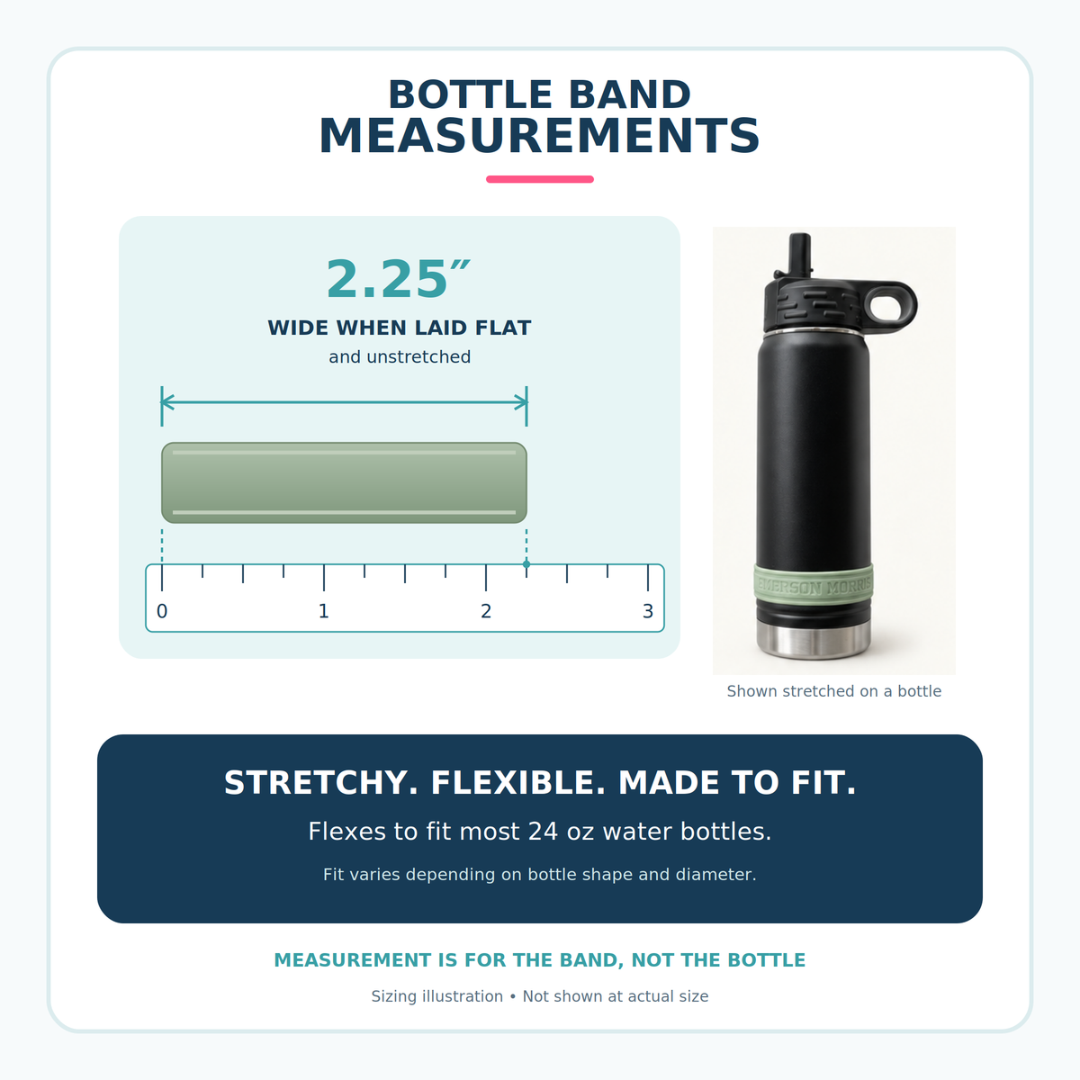 Each set includes three dishwasher-safe, food-grade silicone bands with the same name and font. To order, select a color set, enter up to 40 characters, and choose a font. Processing time is 1–2 business days. Bottles are not included.
