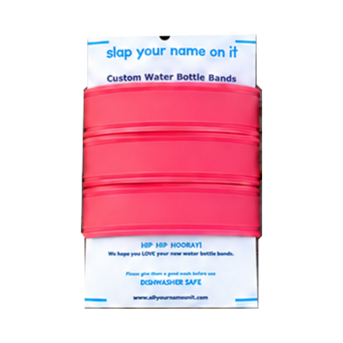 Three blank coral silicone water bottle bands on a product card, showing the Coral single-color set.