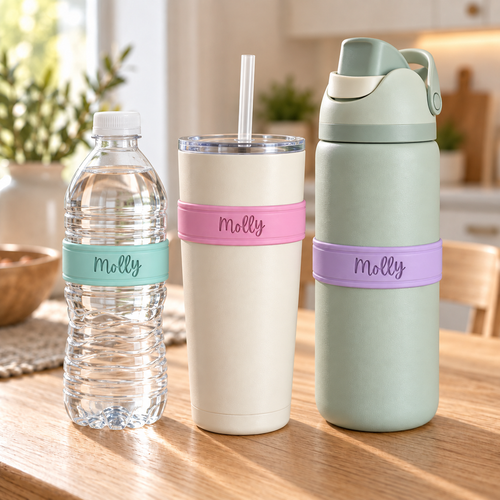 Three personalized water containers on a wooden table in a bright kitchen setting: a clear plastic water bottle with a mint green band, a cream insulated tumbler with a pink band and straw, and a pale green water bottle with a lavender band and flip-top lid. Each container has the name Molly printed on its band.