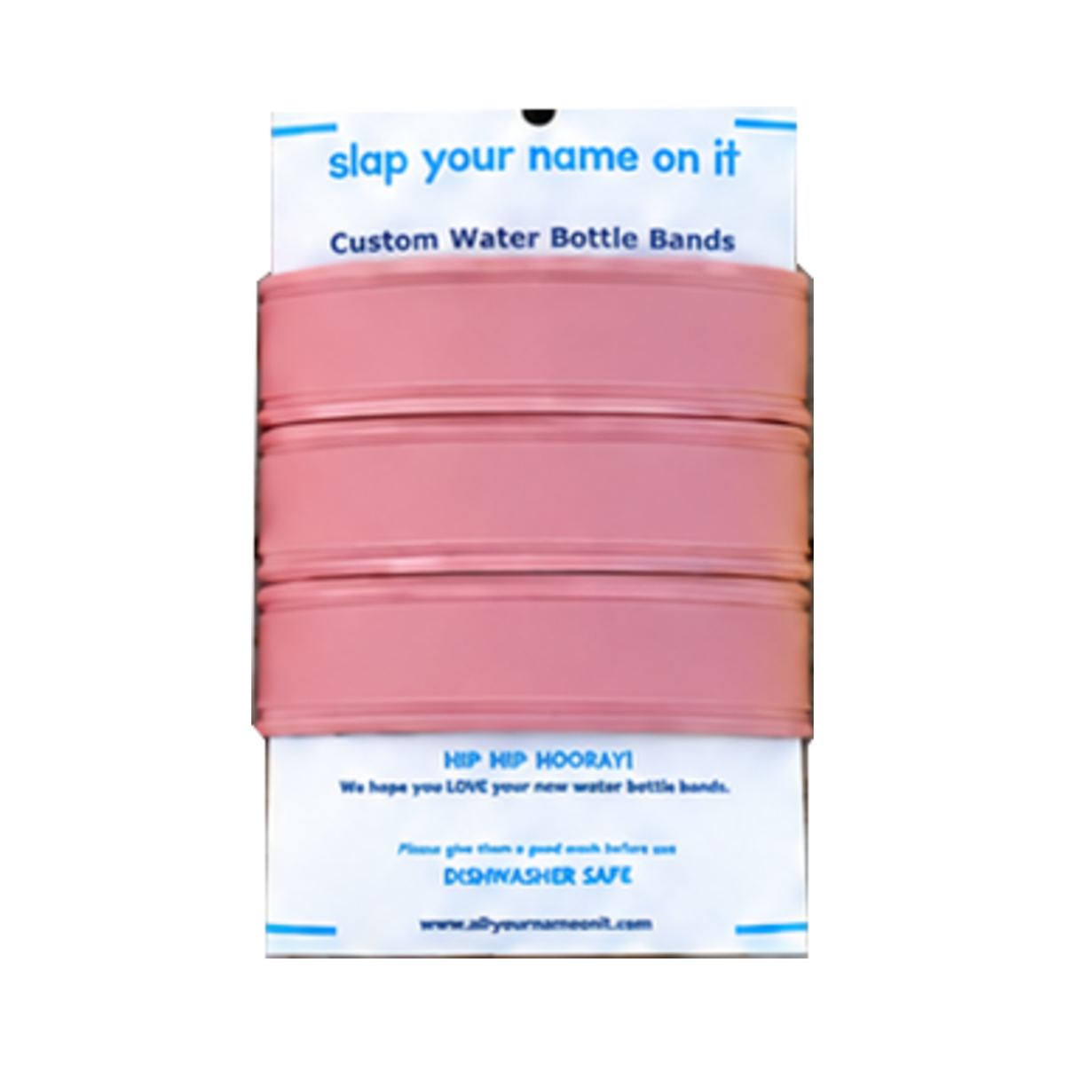 Three blank dusty rose silicone water bottle bands on a product card, showing the Dusty Rose single-color set.