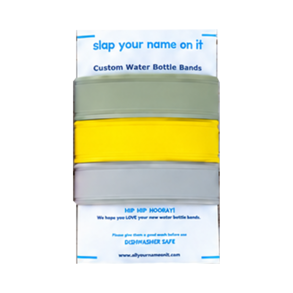 Three blank silicone water bottle bands in sage, yellow, and gray on a product card, showing the Earthy mixed-color set.”