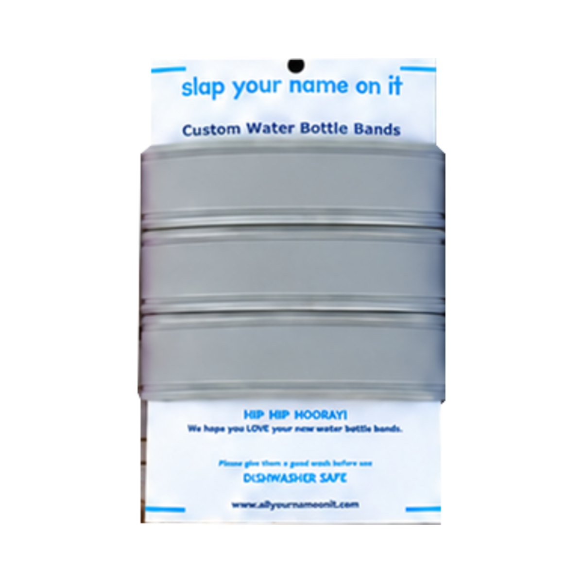 Three blank gray silicone water bottle bands on a product card, showing the Gray single-color set.