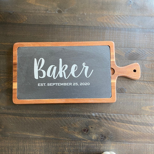 Acacia Wood Serving Tray || Slate Cheese Board || Charcuterie or Cutting Board || Personalized Wedding Christmas Housewarming Gift