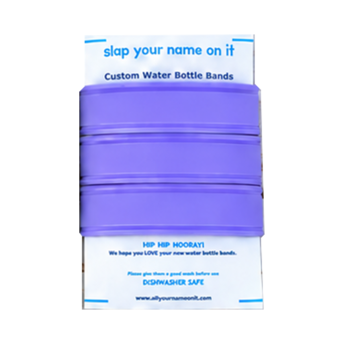 Three blank lavender silicone water bottle bands on a product card, showing the Lavender single-color set.