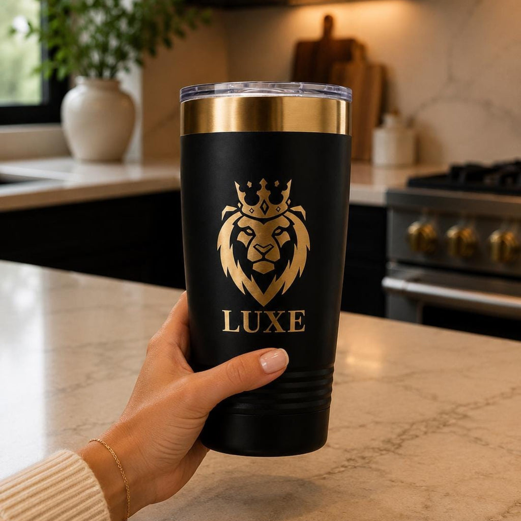 Custom Tumbler with Engraved Business Logo in Gold