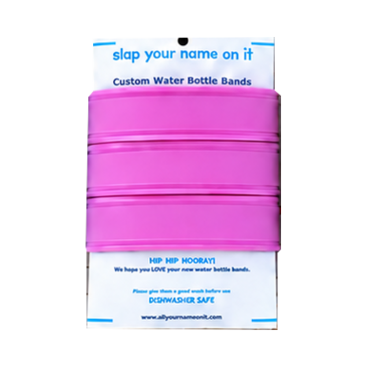 Three blank pink silicone water bottle bands on a product card, showing the Pink single-color set.