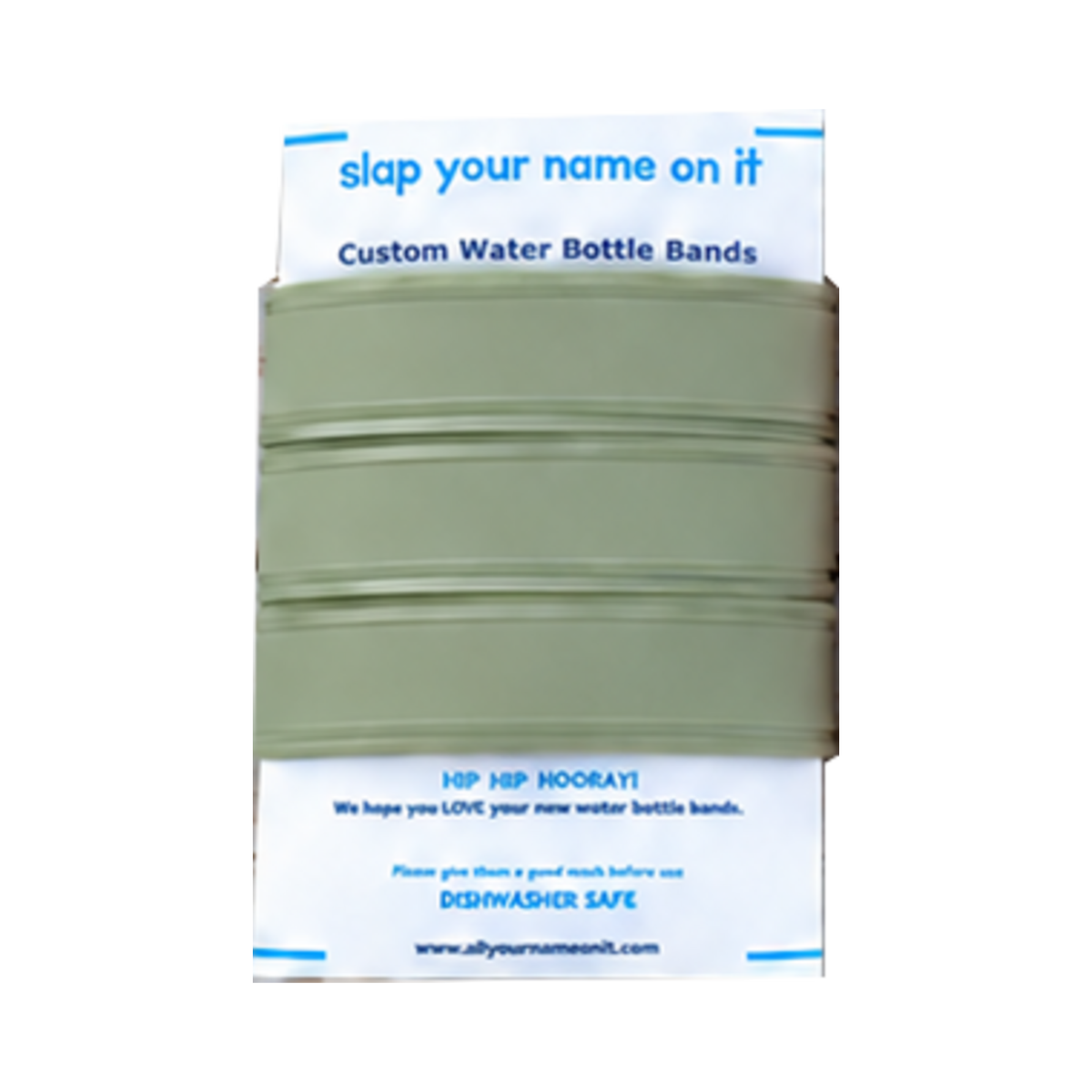 Three blank sage-green silicone water bottle bands on a product card, showing the Sage single-color set.