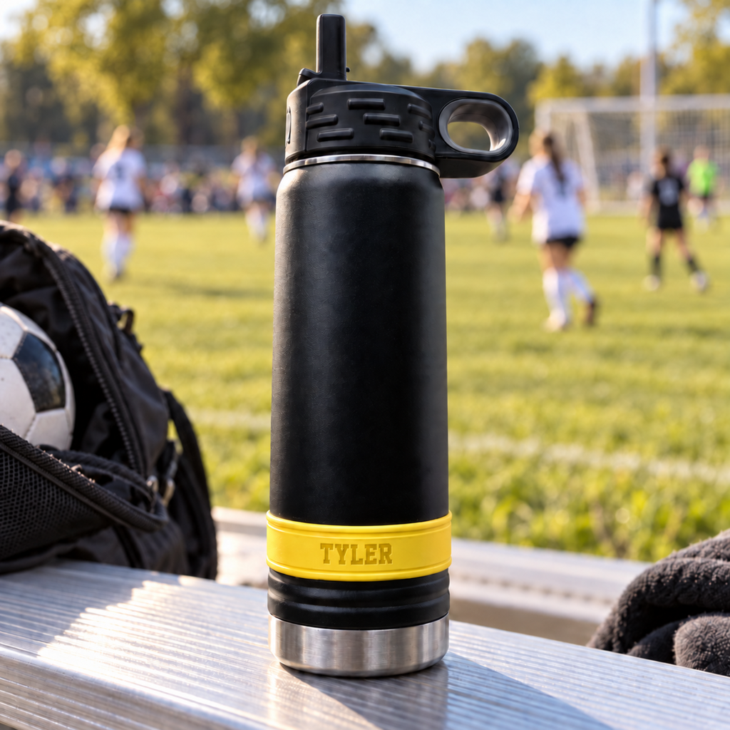 Black water bottle with a yellow silicone band personalized with the name Tyler, shown beside a sports field.