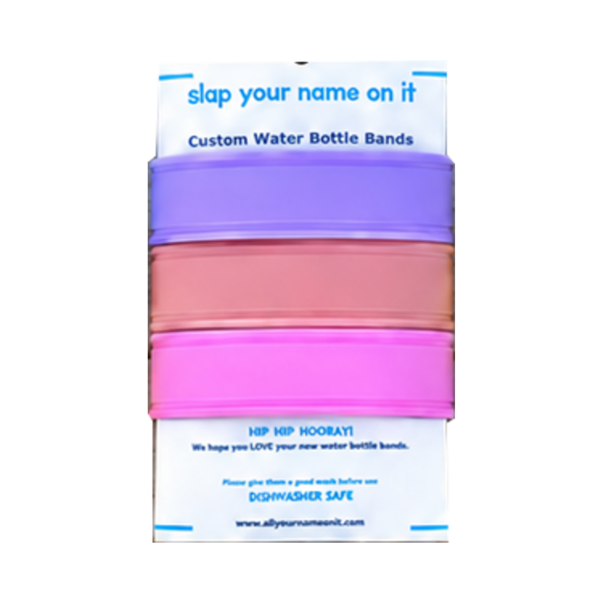 Three blank silicone water bottle bands in lavender, dusty rose, and pink on a product card, showing the Sweetheart mixed-color set.