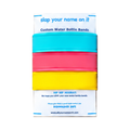 Three blank silicone water bottle bands in aqua, coral, and yellow on a product card, showing the Tropical mixed-color set.