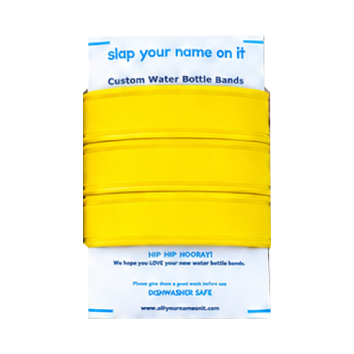 Three blank yellow silicone water bottle bands on a product card, showing the Yellow single-color set.